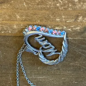 Silver tone open heart pink and blue rhinestone Mom pendant necklace thumbnail 5