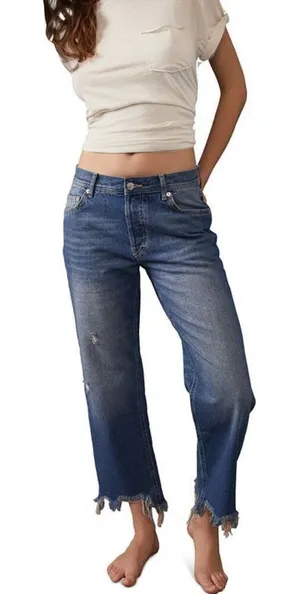Free People Blue Maggie Whiskered Faded Cotton Cropped Raw Hem Jeans Size 26 thumbnail 1