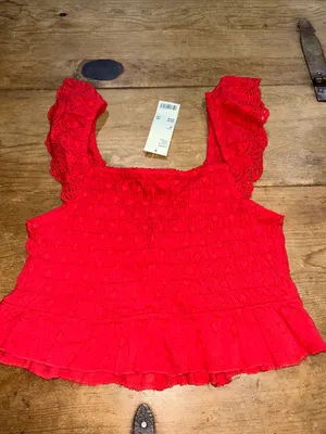 Urban Outfitters Red Ruffled Smocked V-Neck Crop Tank Size Medium thumbnail 6