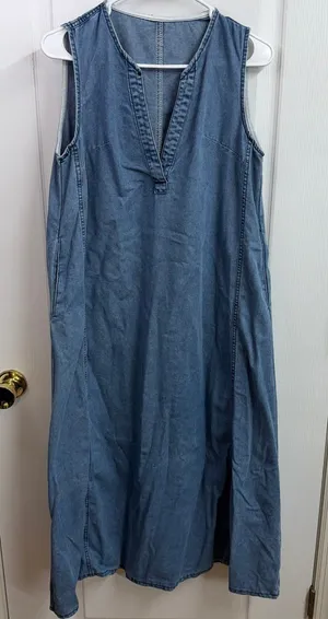 Women's blue light wash sleeveless v-neck midi casual summer dress cotton medium thumbnail 1