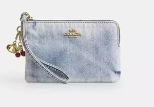 NWT Coach Corner Zip Wristlet Loved Denim With Charms CEF82 Gold/Light Indigo thumbnail 1