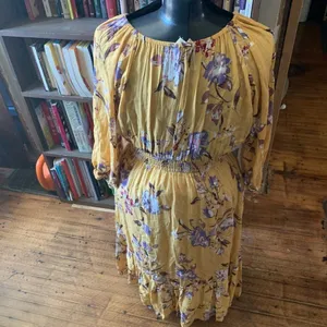 Orange Creek modest mustard yellow floral keyhole fit and flare dress thumbnail 2