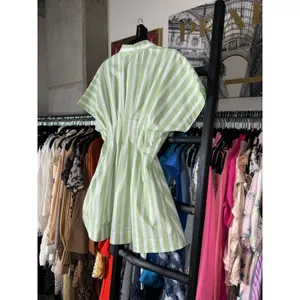 Exquise Tobie Green Striped Button Front Pleated Mini Shirtdress Medium New NWT thumbnail 9
