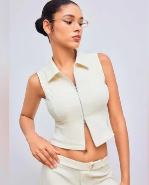 NWOT Cider Woven Collar Solid Zipper Tank Top Beige | TAGS CUT OUT SEE NOTES thumbnail 6