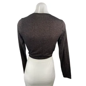 Abercrombie & Fitch Womens Brown Glitter Long Sleeve Twist Front Crop Top Size M thumbnail 3