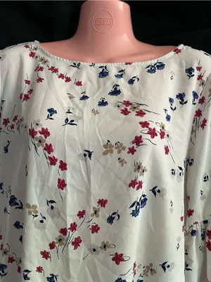 Ann Taylor White Floral Bell-Sleeve Blouse Red, Navy & Tan Print LG thumbnail 5