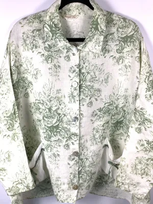 Angel Pie Linen Shirt S/M Green Floral Lagenlook Oversized Boho USA Made thumbnail 3