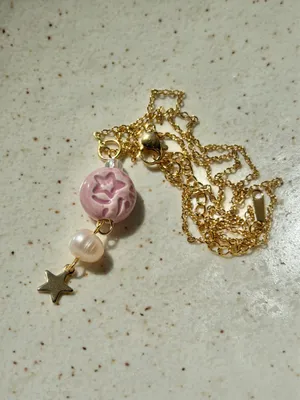 Handmade pink porcelain star coin bead boho retro whimsy fairy necklace⭐️🩷 thumbnail 5