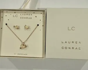 Kohl's Lauren Conrad Rose Gold heart Necklace Earring Set opalite cute gift box thumbnail 1