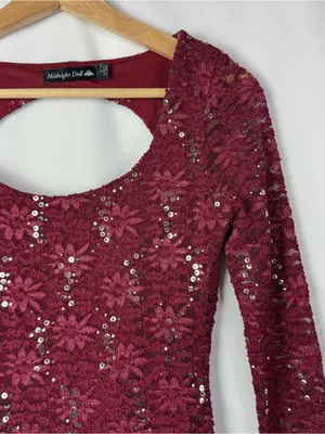 Midnight Doll Red Floral Sequin Long Sleeve Bodycon‎ Mini Dress S thumbnail 3