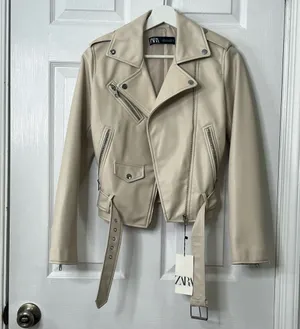 Zara Faux Leather Moto Jacket Biker Belted Streetwear Cream Ivory Size S thumbnail 5