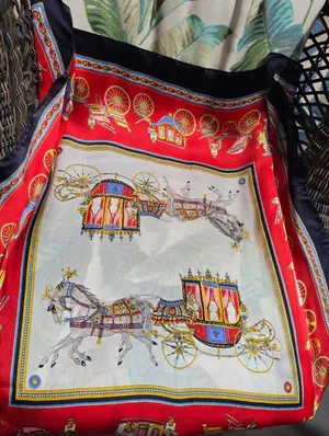 Equestrian horse-drawn carriage motif red and black border 33" Sq Silk thumbnail 1