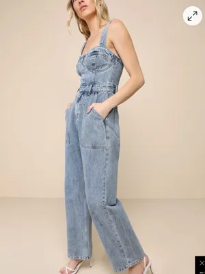 Lulus Denim Jumpsuit Sz Medium NWT Light Wash Date Night Out Brunch Bustier Fall thumbnail 12