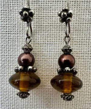 Handmade Boho Amber Glass & faux Pearl Drop Earrings thumbnail 1