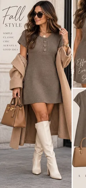 Mossimo Womens Taupe Brown Henley Sweater Dress Short Sleeve Knit Mini Size M thumbnail 1