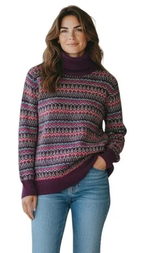 LL Bean Fair Isle Cotton Cashmere Turtleneck Sweater LRG Cabin Cozy thumbnail 1