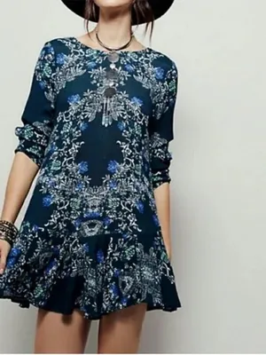 Free People "Smooth Talker" Tunic Swing Mini Dress Medium Boho Floral thumbnail 5