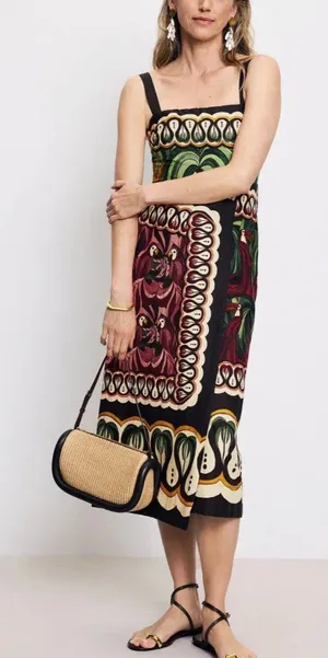🌟 Farm Rio 🌟 Coconut Tree Flow Scarf Midi Dress Brown Multi Xxs thumbnail 1