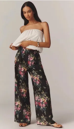 Maeve by Anthropologie Avery Black Floral Rose Wide-Leg Pants Linen Trousers XS thumbnail 1