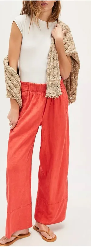 Free People Day’s End Linen Pull-On Pants XS Dark Salmon Wide Leg thumbnail 1