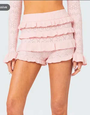 Edikted Pink Ruffle Knit Shorts XS Coquette Bloomers Tiered Y2K Balletcore thumbnail 1