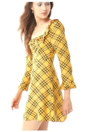 Womens Urban Outfitters Womens Yellow Plaid Dark Academia Ruffle Neck Dress Sz M thumbnail 1