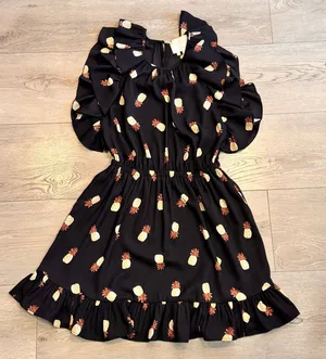 Kate Spade New‎ York Pineapple Print Ruffle Dress XS Black Short Sleeve thumbnail 1