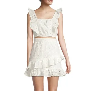 Avec Les Filles White Eyelet Ruffle Crop Top Square Neck Size Small thumbnail 5