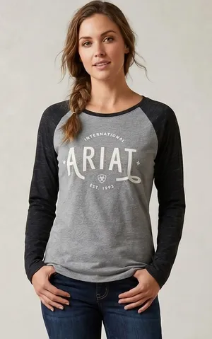 Ariat‎ REAL Women L Large Baseball Tee Shirt Grey Black Raglan Long Sleeve Logo thumbnail 1