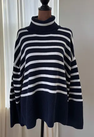 Gap 24/7 Stripe Turtleneck Sweater‎ XL 100% Cotton Navy Nautical Coastal Sailing thumbnail 1