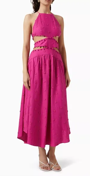Farm Rio NWT Pink 3D Flower Midi Dress in Linen. Size Large thumbnail 2