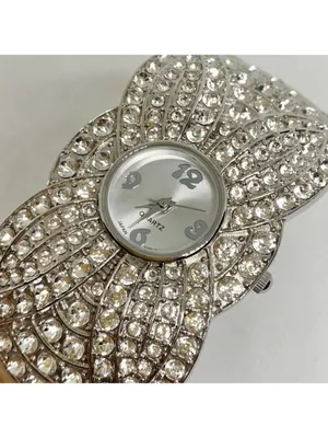 Silver tone women’s cuff bracelet watch 35mm quartz analog rhinestones 7.5” runs thumbnail 2