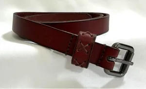 Timberland Brown Leather Belt Skinny Waist X-Stitch Keeper Logo Size M Mahogany thumbnail 1