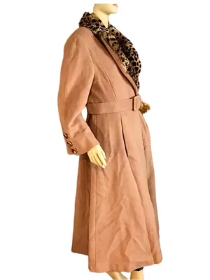 Oronero Tan Italian Wool & Animal Print Rabbit Fur Collar Coat (8) thumbnail 3