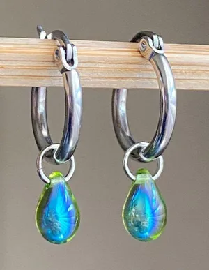 Handmade aurora olive green mini teardrop Czech glass simple minimalist hoop earrings💚🫒💕 thumbnail 2
