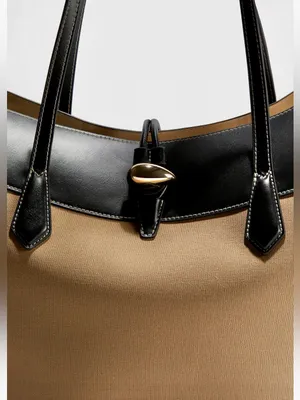 H&M NWT Large oversized Beige Black Structured canvas Tote Bag gold button thumbnail 4