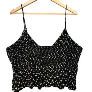 American Eagle Black Floral Twist‎ Front Smocked Back Cami Top Sleeveless XXL thumbnail 3