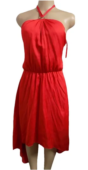 White House Black Market ‎ Paradise Red Hi-Low Blouson Halter Dress Sz: 0 thumbnail 1