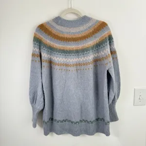 J Crew Fair Isle Yoke Puff Sleeve‎ Sweater Blue Alpaca Wool Womens Medium thumbnail 9