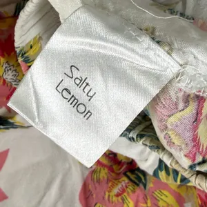 Salty Lemon Floral Wide‎ Leg Tulip Hem Pants White Pink Yellow Large Tropical thumbnail 9