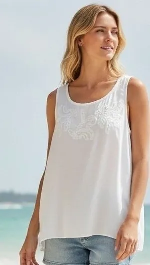 LOFT White Embroidered Sleeveless Tank‎ Top Women's XL Casual Beach Vacation thumbnail 1