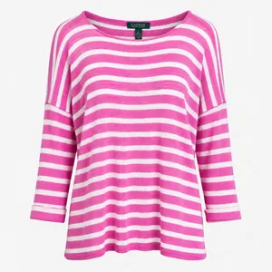 Lauren Ralph Lauren Pink White Striped 100% Linen Knit Sweater Boat Neck Large L thumbnail 1