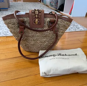 Tommy Bahama Natural Straw Tote with Brown Leather Trim and Beaded Accent thumbnail 1