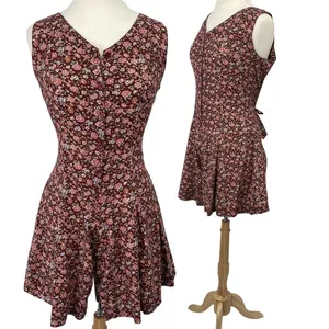 Vintage Sostanza Romper Ditsy Floral Button Front Mini Dress Burgundy Womens M thumbnail 2