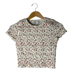 Hollister Smocked Top Women Medium Ivory Floral Short Sleeve Crop Tee Boho thumbnail 2