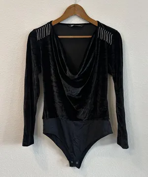 Cowl Neck Rhinestone Fringe Velvet Bodysuit 135 thumbnail 1