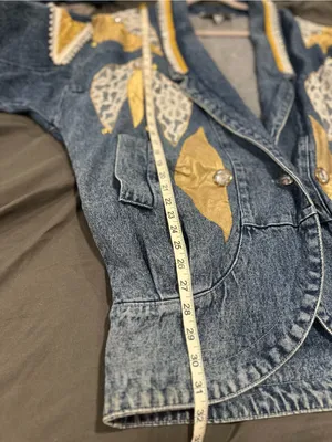 VTG 80s AFSY SzS Loose embellished denim coat gold metallic appliqué lace bead. thumbnail 4