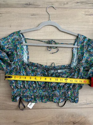 For Love And Lemons Alisa Blue Green Floral Sweetheart Long Sleeve Crop Top NWT thumbnail 7