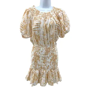 SABO LUXE Camari Linen Dress Smocked Patterned Ruffle Hem‎ White Beige Women's S thumbnail 5