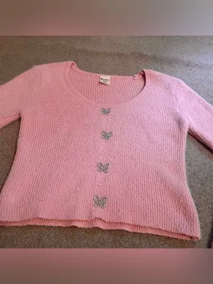 Pink Fuzzy Rhinestone Butterfly Button Long Sleeve Sweater thumbnail 5
